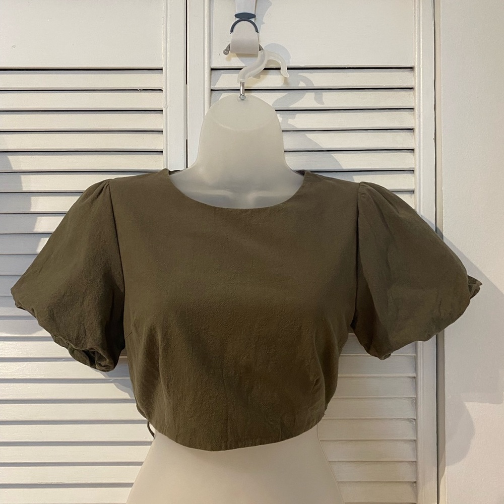 Olive Puff Sleeve Crop Top